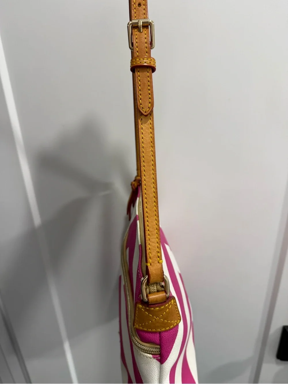 Dooney & Bourke Hot Pink and White Chevron Crossbody